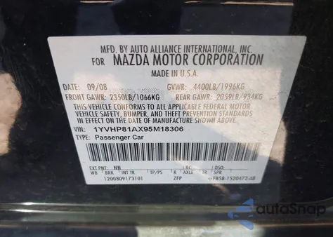 2009 Mazda Mazda6 I Sport z USA, uszkodzony, nr VIN 1YVHP81AX95M18306